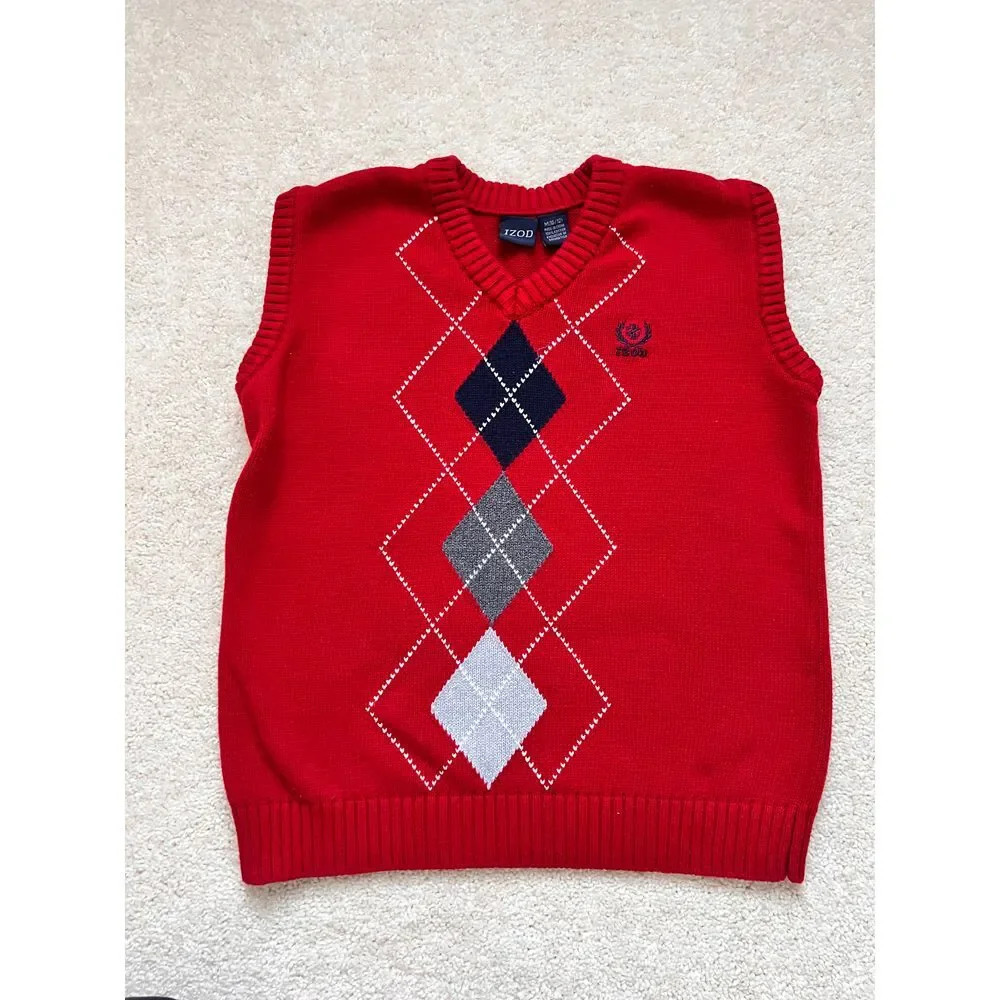 IZOD Kids Classic Red Argyle Sweater Vest Preppy  Casual Cotton‎ Knit Size 10-12